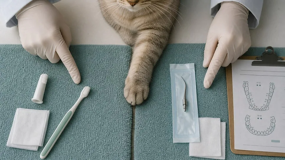 고양이 홈케어와 마취 치과 처치의 역할 차이를 설명하는 진료 장면