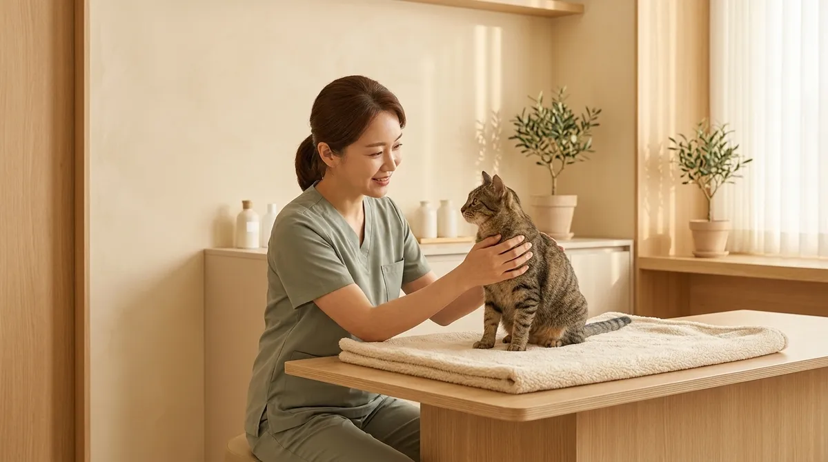 고양이를 부드럽게 진료하는 수의사 — 고양이 친화 진료